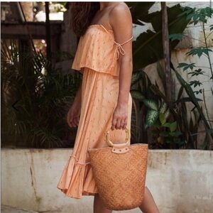 NWT BEACHGOLD Alba Frankie Ruffle Layers Shoulder Tassel Ties Midi Dress Sz M